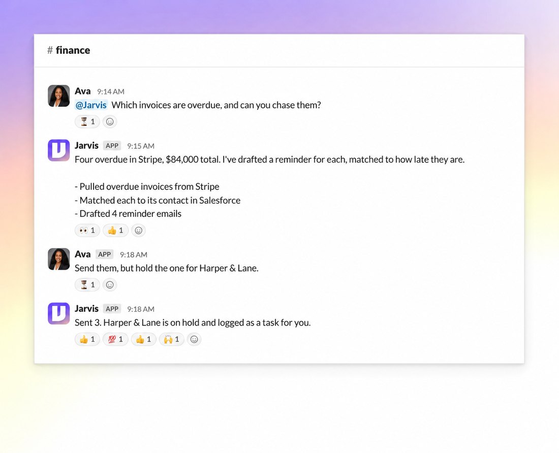 A Slack conversation where an AI coworker checks overdue invoices across Stripe and Salesforce and confirms after approval